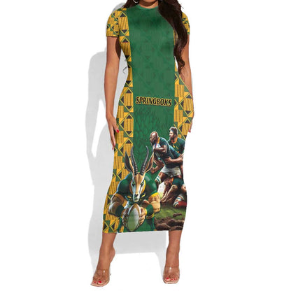 South Africa Rugby Short Sleeve Bodycon Dress - Springbok Mascot, Players Fighting for Victory LT03