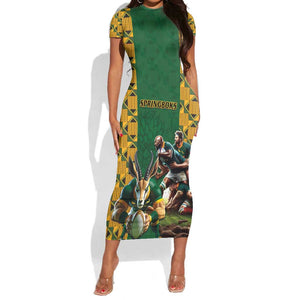 South Africa Rugby Short Sleeve Bodycon Dress - Springbok Mascot, Players Fighting for Victory