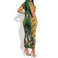 South Africa Rugby Short Sleeve Bodycon Dress - Springbok Mascot, Players Fighting for Victory LT03