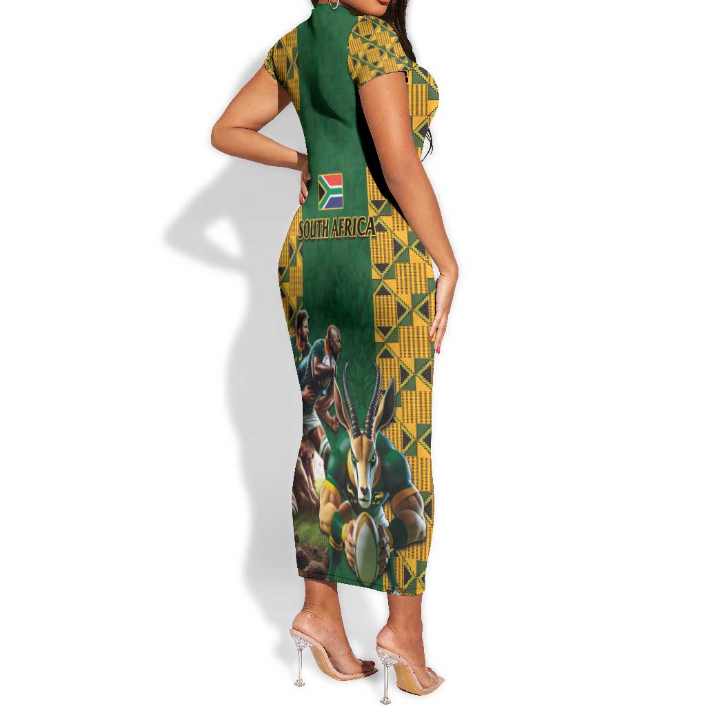 South Africa Rugby Short Sleeve Bodycon Dress - Springbok Mascot, Players Fighting for Victory LT03