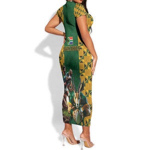 South Africa Rugby Short Sleeve Bodycon Dress - Springbok Mascot, Players Fighting for Victory