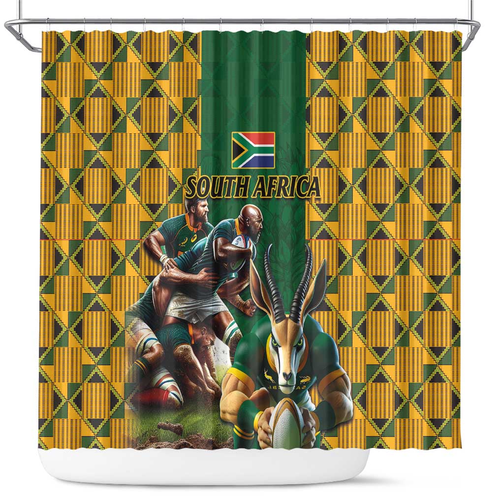 South Africa Rugby Shower Curtain - Springbok Mascot, Players Fighting for Victory