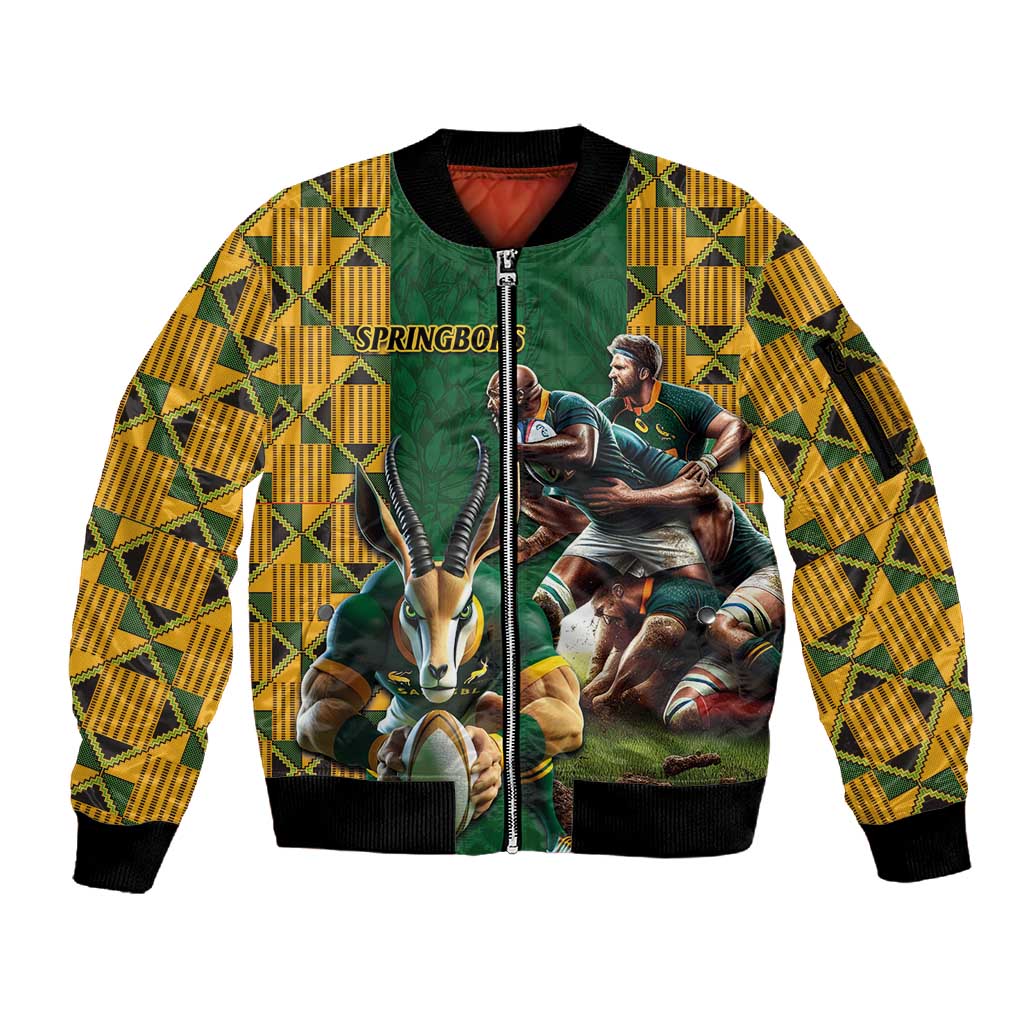 South Africa Rugby Sleeve Zip Bomber Jacket - Springbok Mascot, Players Fighting for Victory