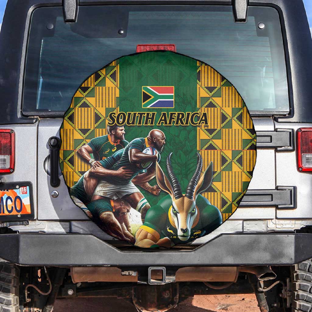 South Africa Rugby Spare Tire Cover - Springbok Mascot, Players Fighting for Victory