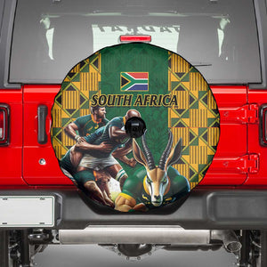 South Africa Rugby Spare Tire Cover - Springbok Mascot, Players Fighting for Victory