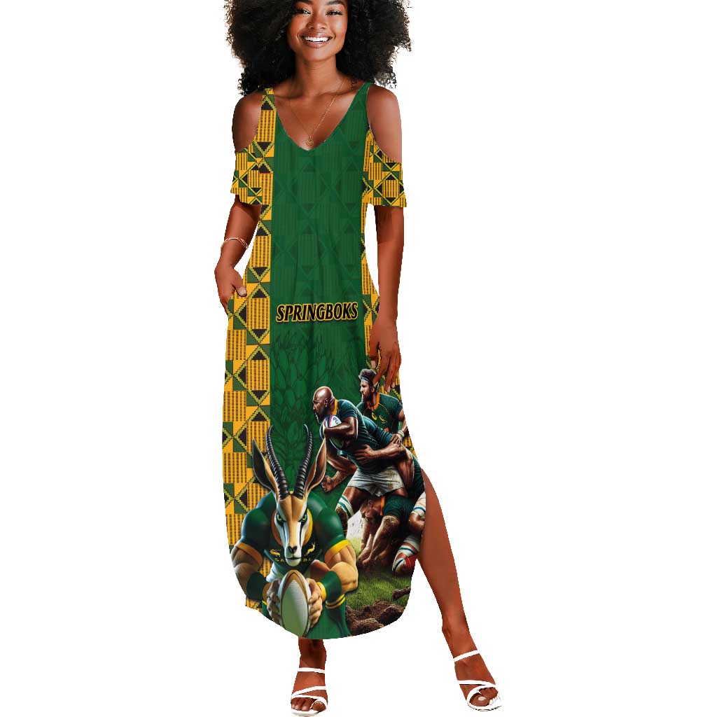 South Africa Rugby Summer Maxi Dress - Springbok Mascot, Players Fighting for Victory