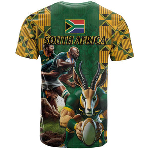 South Africa Rugby T shirt - Springbok Mascot, Players Fighting for Victory