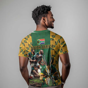 South Africa Rugby T shirt - Springbok Mascot, Players Fighting for Victory