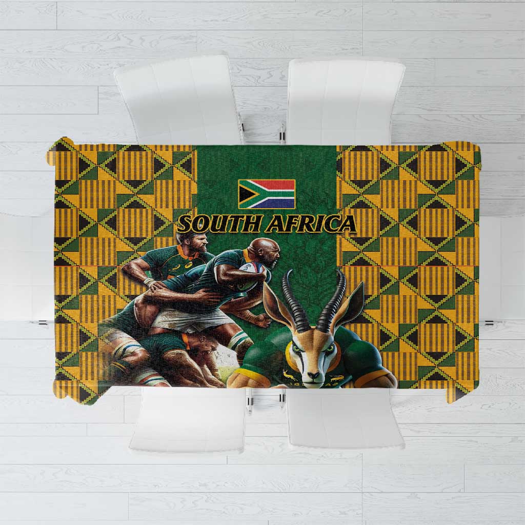 South Africa Rugby Tablecloth - Springbok Mascot, Players Fighting for Victory