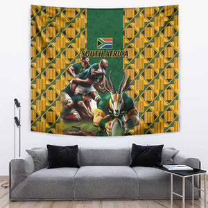 South Africa Rugby Tapestry - Springbok Mascot, Players Fighting for Victory