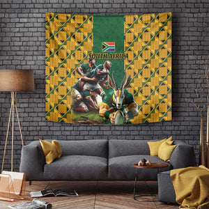 South Africa Rugby Tapestry - Springbok Mascot, Players Fighting for Victory