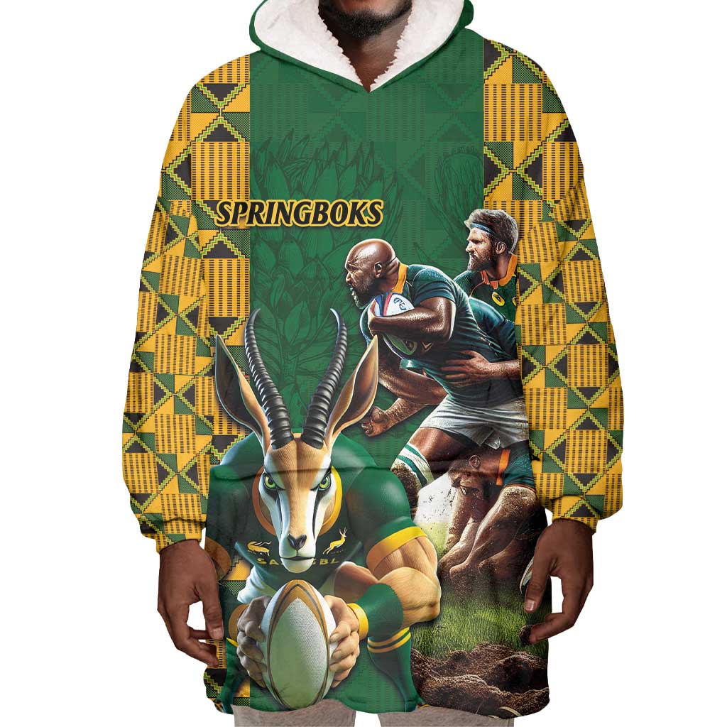 South Africa Rugby Wearable Blanket Hoodie - Springbok Mascot, Players Fighting for Victory