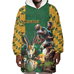 South Africa Rugby Wearable Blanket Hoodie - Springbok Mascot, Players Fighting for Victory