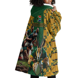 South Africa Rugby Wearable Blanket Hoodie - Springbok Mascot, Players Fighting for Victory