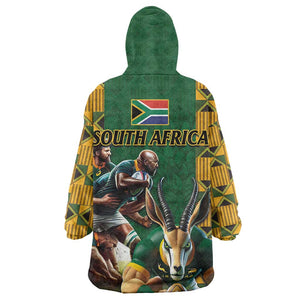 South Africa Rugby Wearable Blanket Hoodie - Springbok Mascot, Players Fighting for Victory