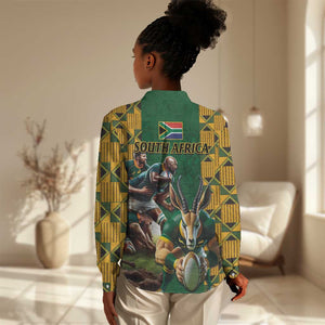 South Africa Rugby Women Casual Shirt - Springbok Mascot, Players Fighting for Victory