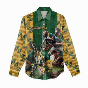 South Africa Rugby Women Casual Shirt - Springbok Mascot, Players Fighting for Victory