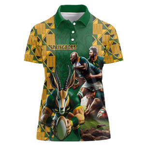 South Africa Rugby Women Polo Shirt - Springbok Mascot, Players Fighting for Victory