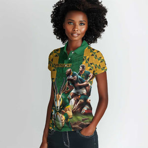 South Africa Rugby Women Polo Shirt - Springbok Mascot, Players Fighting for Victory