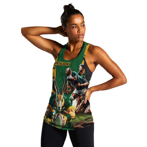 South Africa Rugby Women Racerback Tank - Springbok Mascot, Players Fighting for Victory