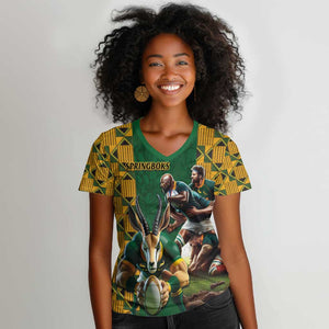 South Africa Rugby Women V-Neck T-Shirt - Springbok Mascot, Players Fighting for Victory