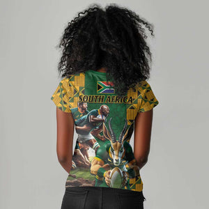 South Africa Rugby Women V-Neck T-Shirt - Springbok Mascot, Players Fighting for Victory