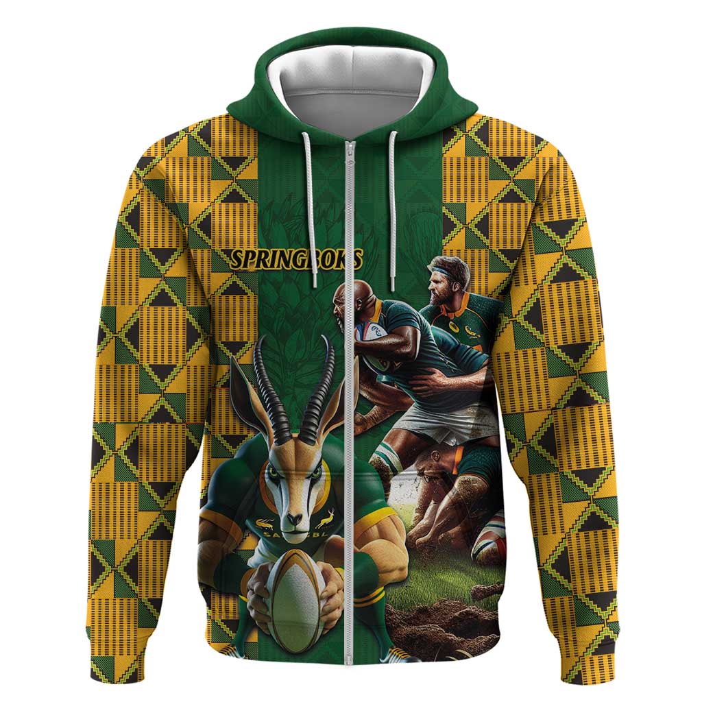 South Africa Rugby Zip Hoodie - Springbok Mascot, Players Fighting for Victory