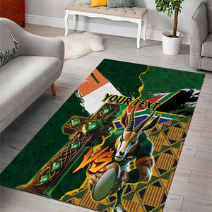 Personalized South Africa Versus Ireland Rugby Area Rug - Springbok Mascot, Celtic Cross Design