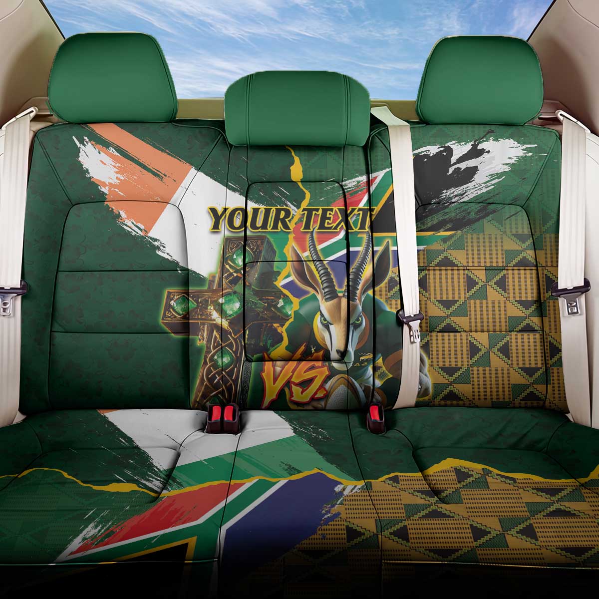 Personalized South Africa Versus Ireland Rugby Back Car Seat Cover - Springbok Mascot, Celtic Cross Design