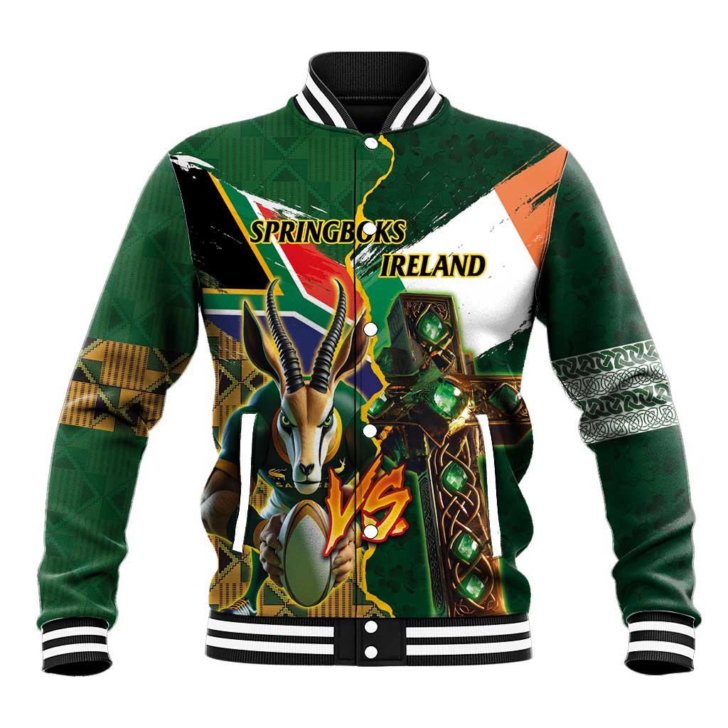 Personalized South Africa Versus Ireland Rugby Baseball Jacket - Springbok Mascot, Celtic Cross Design LT03