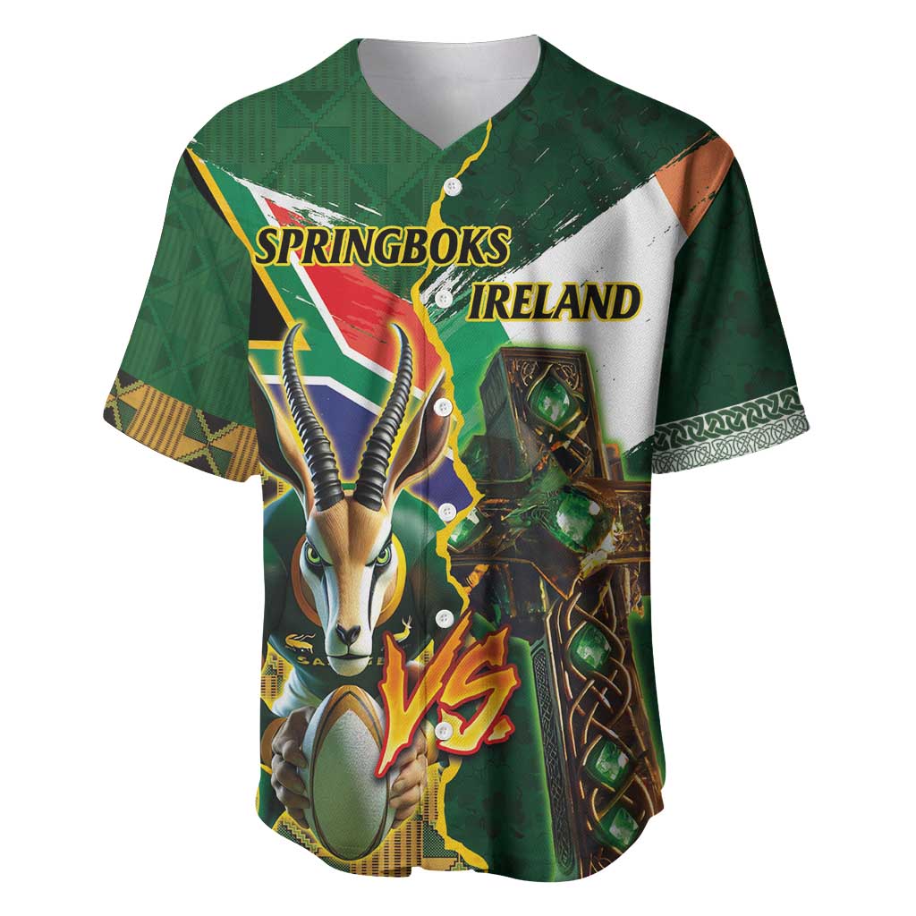 Personalized South Africa Versus Ireland Rugby Baseball Jersey - Springbok Mascot, Celtic Cross Design