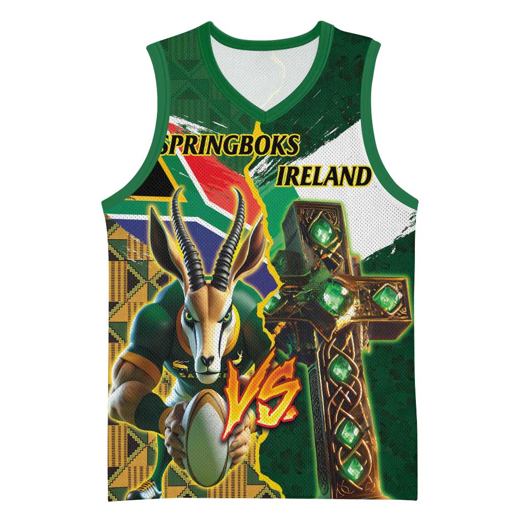 Personalized South Africa Versus Ireland Rugby Basketball Jersey - Springbok Mascot, Celtic Cross Design LT03