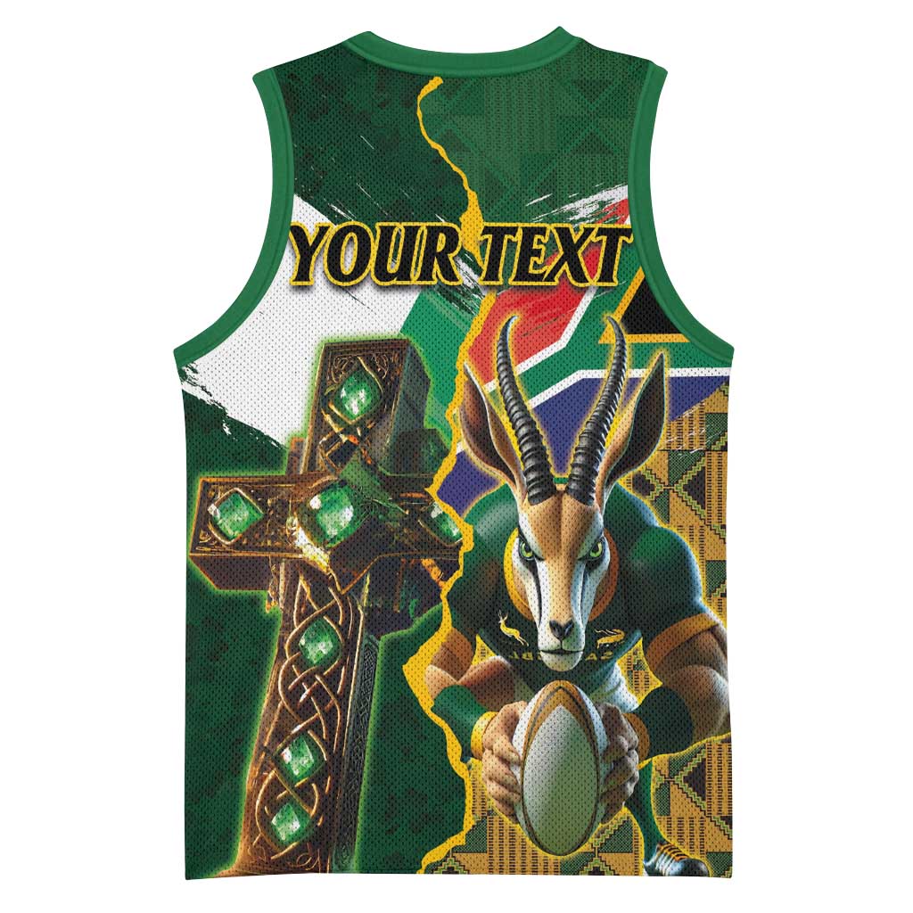 Personalized South Africa Versus Ireland Rugby Basketball Jersey - Springbok Mascot, Celtic Cross Design LT03