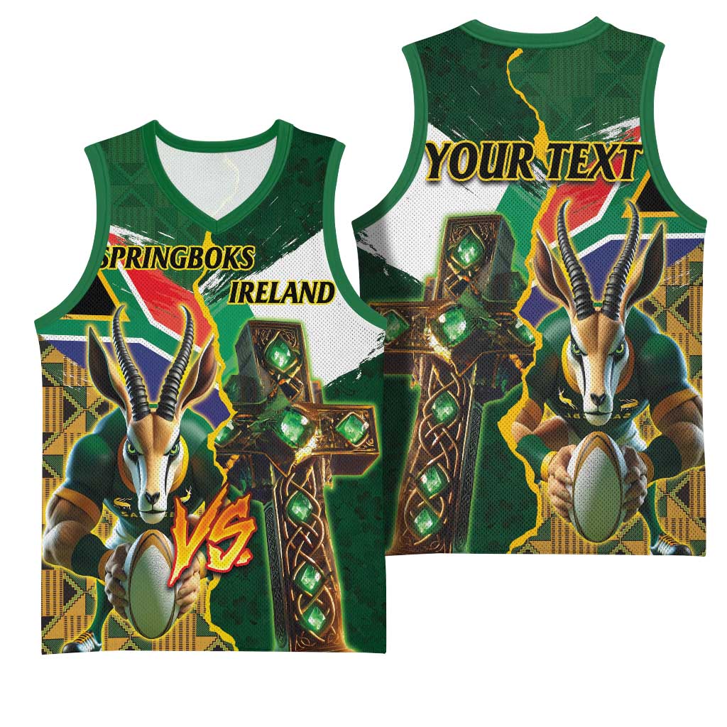 Personalized South Africa Versus Ireland Rugby Basketball Jersey - Springbok Mascot, Celtic Cross Design LT03