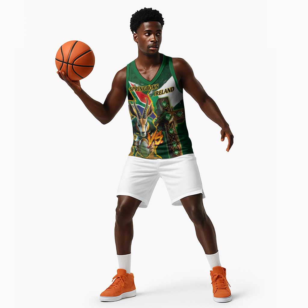 Personalized South Africa Versus Ireland Rugby Basketball Jersey - Springbok Mascot, Celtic Cross Design LT03