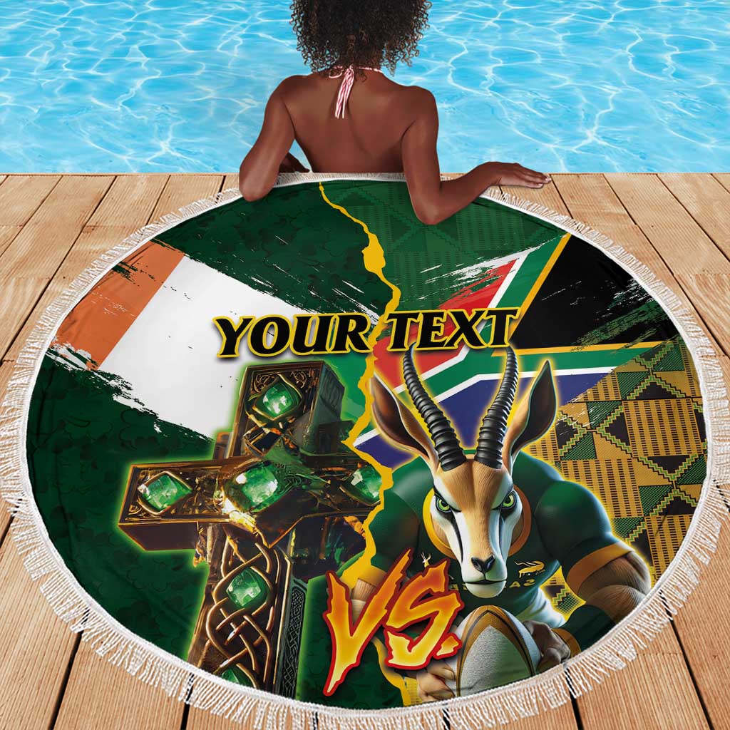 Personalized South Africa Versus Ireland Rugby Beach Blanket - Springbok Mascot, Celtic Cross Design