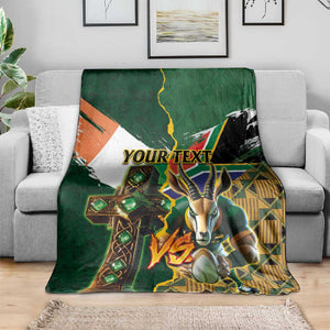 Personalized South Africa Versus Ireland Rugby Blanket - Springbok Mascot, Celtic Cross Design