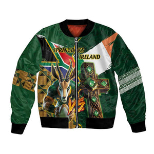 Personalized South Africa Versus Ireland Rugby Bomber Jacket - Springbok Mascot, Celtic Cross Design