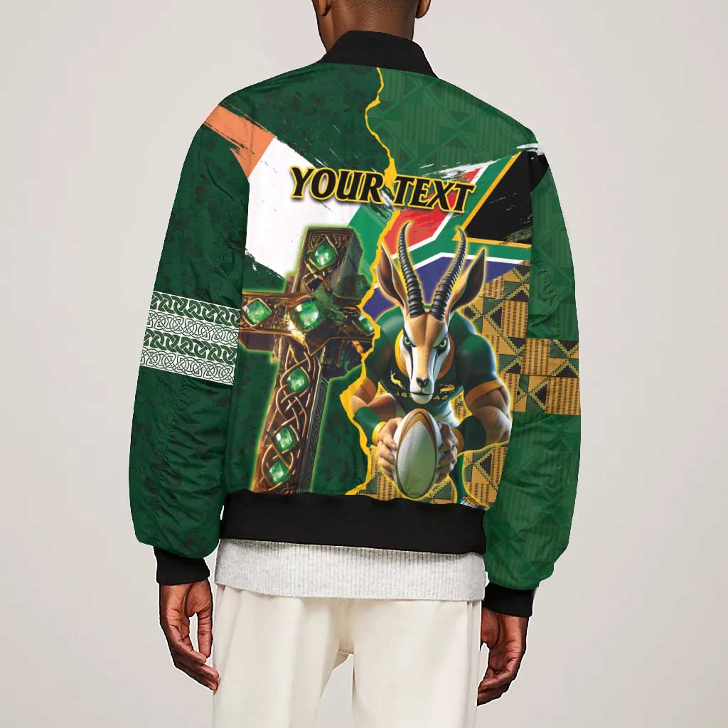 Personalized South Africa Versus Ireland Rugby Bomber Jacket - Springbok Mascot, Celtic Cross Design