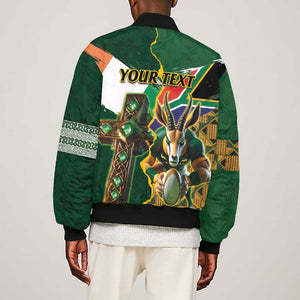 Personalized South Africa Versus Ireland Rugby Bomber Jacket - Springbok Mascot, Celtic Cross Design