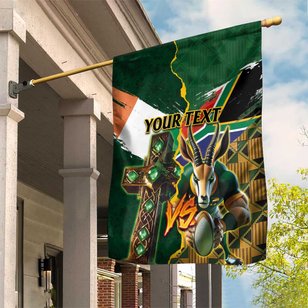 Personalized South Africa Versus Ireland Rugby Garden Flag - Springbok Mascot, Celtic Cross Design