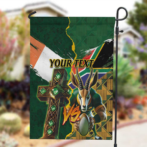 Personalized South Africa Versus Ireland Rugby Garden Flag - Springbok Mascot, Celtic Cross Design