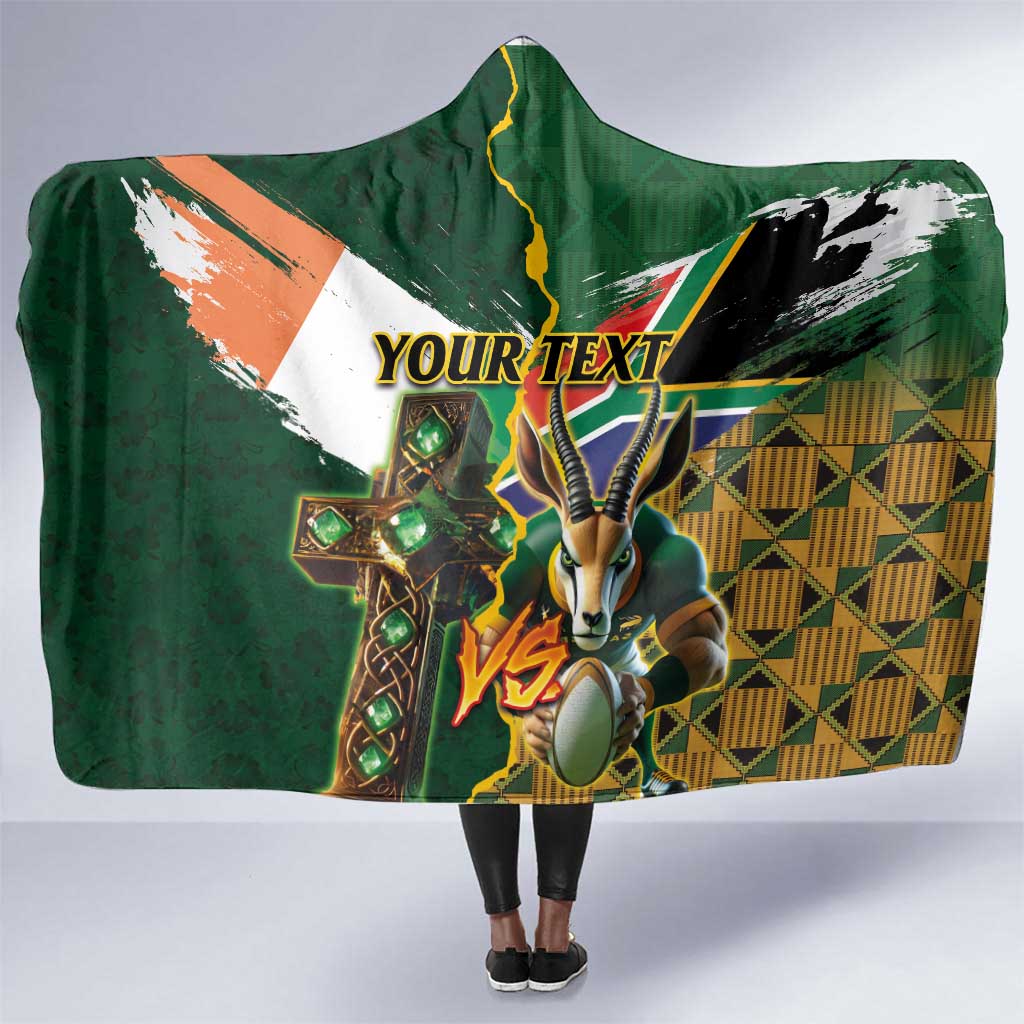 Personalized South Africa Versus Ireland Rugby Hooded Blanket - Springbok Mascot, Celtic Cross Design