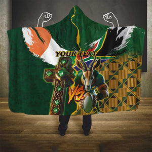 Personalized South Africa Versus Ireland Rugby Hooded Blanket - Springbok Mascot, Celtic Cross Design