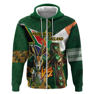 Personalized South Africa Versus Ireland Rugby Hoodie - Springbok Mascot, Celtic Cross Design