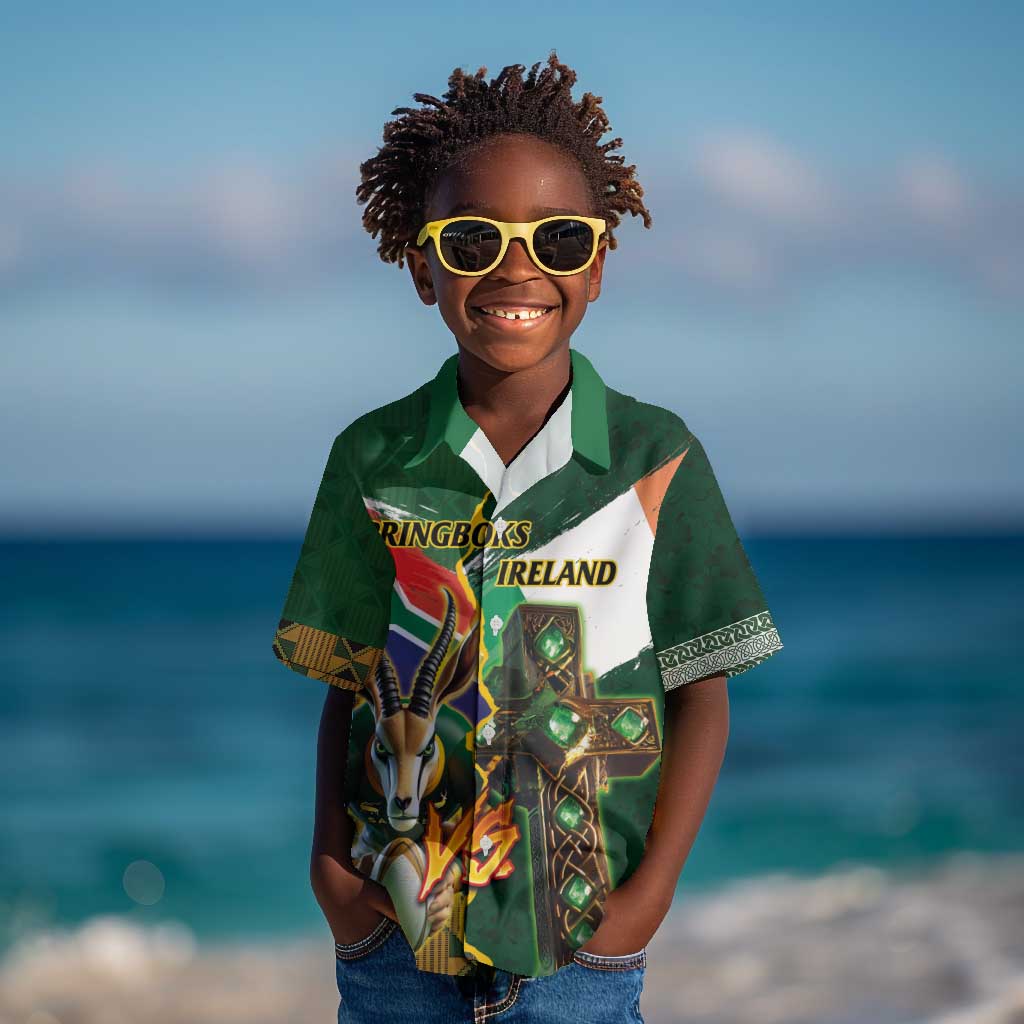 Personalized South Africa Versus Ireland Rugby Kid Hawaiian Shirt - Springbok Mascot, Celtic Cross Design