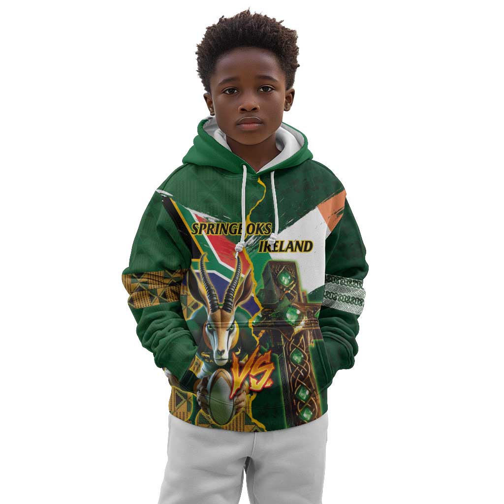 Personalized South Africa Versus Ireland Rugby Kid Hoodie - Springbok Mascot, Celtic Cross Design