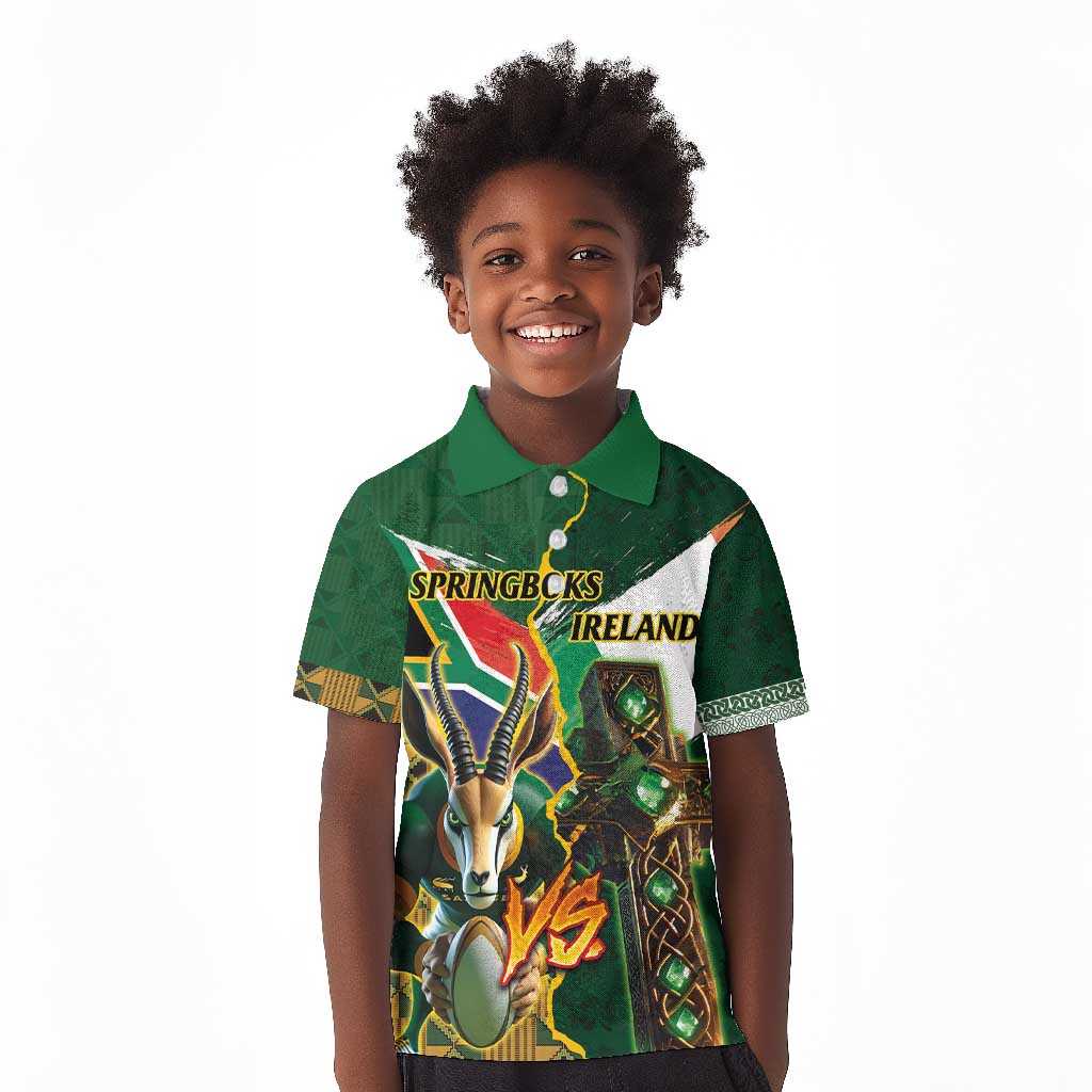 Personalized South Africa Versus Ireland Rugby Kid Polo Shirt - Springbok Mascot, Celtic Cross Design