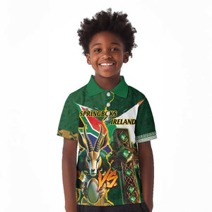 Personalized South Africa Versus Ireland Rugby Kid Polo Shirt - Springbok Mascot, Celtic Cross Design