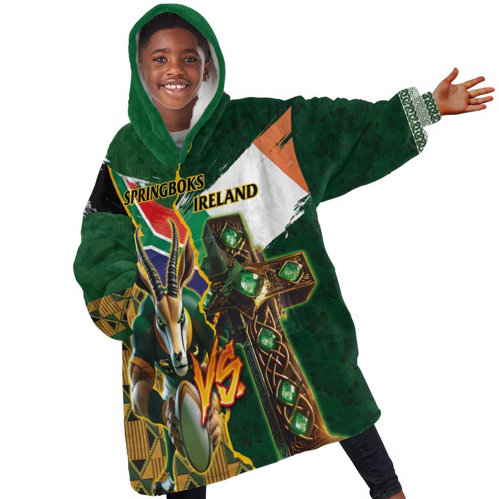 Personalized South Africa Versus Ireland Rugby KId Wearable Blanket Hoodie - Springbok Mascot, Celtic Cross Design